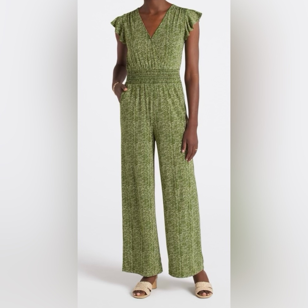 Kaileigh Jordan Knit Floral Flutter Sleeve Jumpsuit Women’s Large Green NWOT